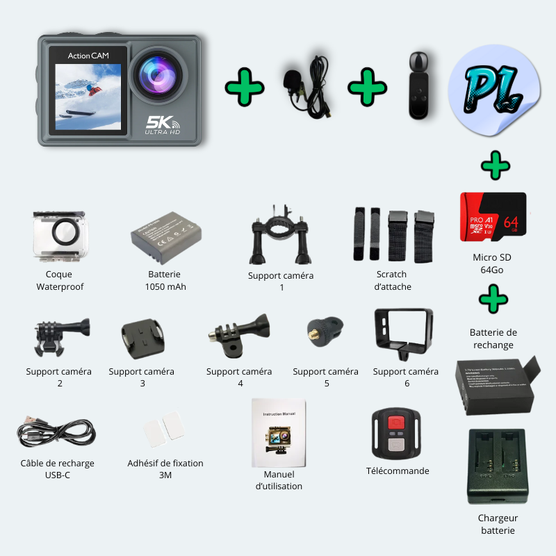 Camera sous marine<br>waterproof 30M UHD 5K Wifi<br>avec écran tactile<br>+ micro sans file