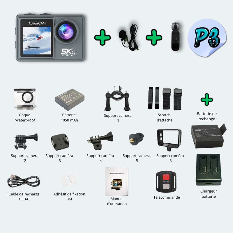 Camera sous marine<br>waterproof 30M UHD 5K Wifi<br>avec écran tactile<br>+ micro sans file
